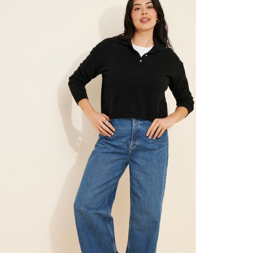 Pilcro Jensen Cashmere Cropped Polo Sweater Black L Preppy Office Spring Basic